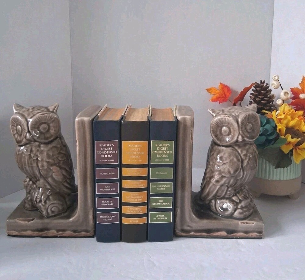 NEW! HD Designs Ceramic Owl Bookends; 2 PCS! Vtg Styled Taupe Glazed Owl Figures